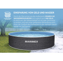 Runder Marimex Aufstellpool mit Marimex Logo im Garten, Informationen zur Überwinterung zur Einsparung von Geld und Wasser.