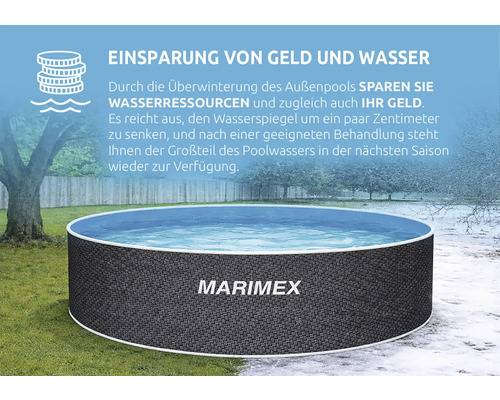 Runder Marimex Aufstellpool mit Marimex Logo im Garten, Informationen zur Überwinterung zur Einsparung von Geld und Wasser.