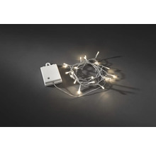 Batteriebetriebene LED-Lichterkette mit transparentem Kabel und weißem Batteriefach.