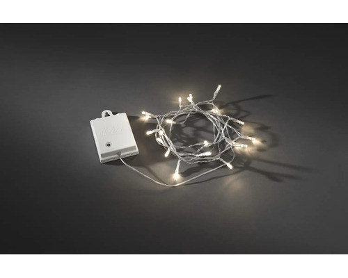 Batteriebetriebene LED-Lichterkette mit transparentem Kabel und weißem Batteriefach.