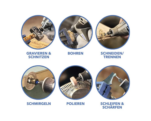 Anwendungen eines Multifunktionswerkzeugs: Gravieren, Schnitzen, Bohren, Schneiden, Schmirgeln, Polieren, Schleifen und Schärfen.