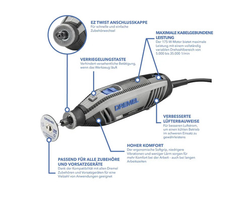 Dremel 4250 Multifunktionswerkzeug mit EZ Twist Anschlusskappe, 175 Watt Motor, ergonomischem Softgrip und verbessertem Lüfterdesign.