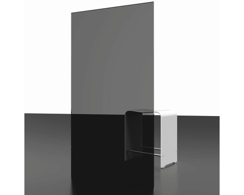Rechteckige, getönte Glasscheibe in Rauchgrau, halbtransparent.
