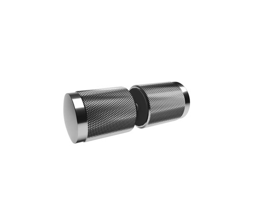 Zylindrischer Türknopf aus Metall mit Kreuzrändelung, doppelseitig für Glastüren.