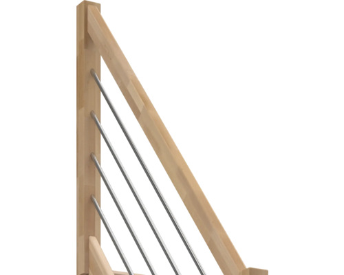 Treppengeländer aus Holz mit Handlauf und parallel verlaufenden Edelstahlstäben.