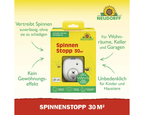 Neudorff Spinnen Stopp 30 Quadratmeter, Ultraschall-Spinnenabwehr für Innenräume, unbedenklich für Kinder und Haustiere.
