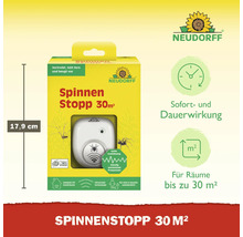 Neudorff Spinnen Stopp 30 Quadratmeter, Ultraschall-Spinnenabwehr für Innenräume, sofortige und dauerhafte Wirkung, unbedenklich für Kinder und Haustiere, Neudorff Logo.
