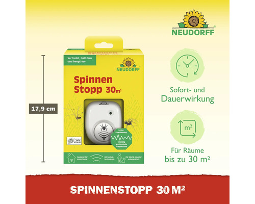 Neudorff Spinnen Stopp 30 Quadratmeter, Ultraschall-Spinnenabwehr für Innenräume, sofortige und dauerhafte Wirkung, unbedenklich für Kinder und Haustiere, Neudorff Logo.