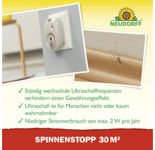 Neudorff Logo. Ein Ultraschall-Spinnenstopp in einer Steckdose und eine Spinne auf einer Fußleiste. Reichweite 30 Quadratmeter.