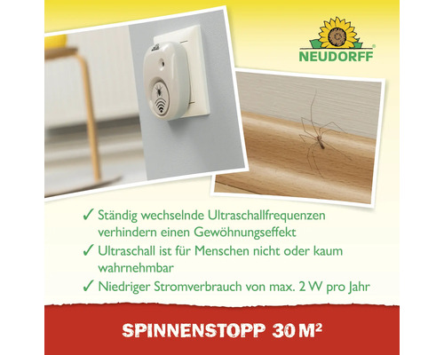Neudorff Logo. Ein Ultraschall-Spinnenstopp in einer Steckdose und eine Spinne auf einer Fußleiste. Reichweite 30 Quadratmeter.