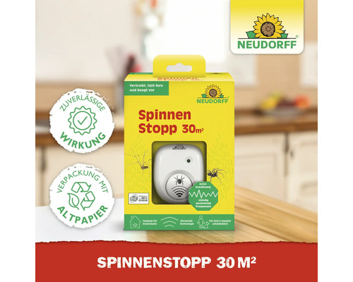 Neudorff Spinnen-Stopp für circa 30 Quadratmeter, Ultraschall-Spinnenabwehr für Innenräume, unbedenklich für Kinder und Haustiere, Neudorff Logo.