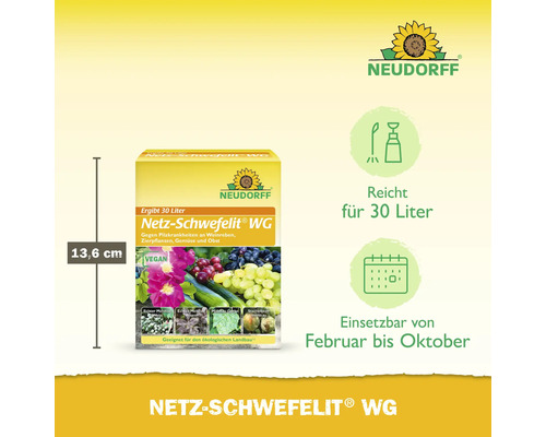 Neudorff Netz-Schwefelit WG Packung, 13,6 Zentimeter hoch. Reicht für 30 Liter. Einsetzbar von Februar bis Oktober gegen Pilzkrankheiten. Vegan.