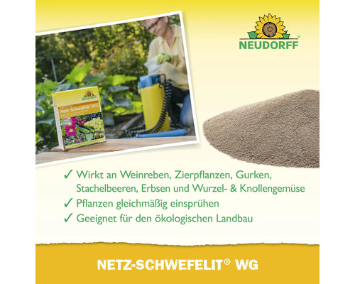 Neudorff Netz-Schwefelit WG zur Anwendung an Weinreben, Zierpflanzen und Gemüse im Garten, geeignet für den ökologischen Landbau.
