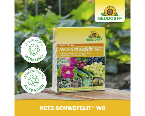 Neudorff Netz-Schwefelit WG gegen Echten Mehltau an Weinreben, Rosen und Gurken, zuverlässige Wirkung, Verpackung aus Altpapier, Neudorff Logo