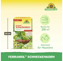 Neudorff Ferramol Schneckenkorn, 23 Zentimeter Packung, reicht für 200 Quadratmeter, schonend für Haustiere und Neudorff Logo.