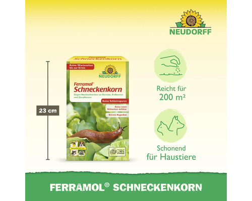 Neudorff Ferramol Schneckenkorn, 23 Zentimeter Packung, reicht für 200 Quadratmeter, schonend für Haustiere und Neudorff Logo.