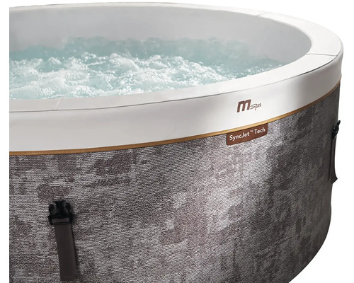 Aufblasbarer MSpa Whirlpool mit SyncJet Technologie, grau melierter Außenwand und sprudelndem Wasser.