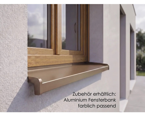 Außenansicht eines Fensters mit passender Aluminium-Fensterbank an einer verputzten Hauswand.