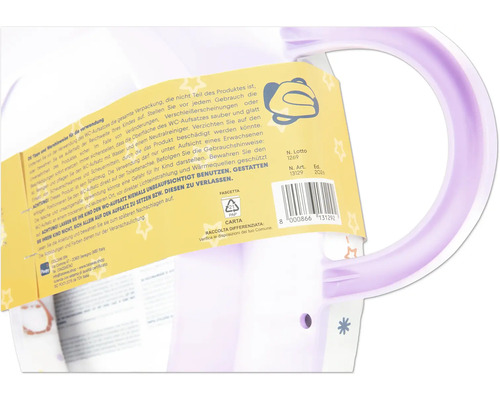 Etikett mit Sicherheitshinweisen und Barcode auf einem Toilettentrainer aus Kunststoff.