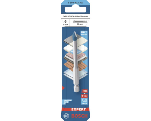 Bosch Expert HEX-9 Hard Ceramic Bohrer für Fliesen und Stein, 6 Millimeter Durchmesser, 90 Millimeter Länge, Carbide Technologie, Bosch Logo.