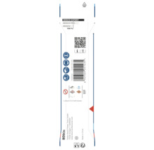 Rückseite der Bosch Verpackung mit Sicherheitssymbolen, Material- und Anwendungshinweisen, quadratischem Code, Strichcode und Bosch Logo.