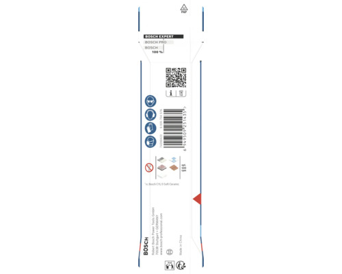 Rückseite der Bosch Verpackung mit Sicherheitssymbolen, Material- und Anwendungshinweisen, quadratischem Code, Strichcode und Bosch Logo.