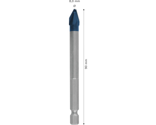 Glas- und Fliesenbohrer mit 8,0 Millimeter Durchmesser und 90 Millimeter Länge sowie Sechskantschaft.