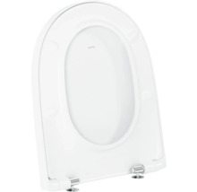 Weiße Laufen WC-Garnitur mit Deckel in D-Form, verchromte Scharniere und Laufen Logo.