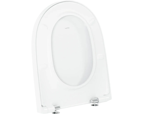 Weiße Laufen WC-Garnitur mit Deckel in D-Form, verchromte Scharniere und Laufen Logo.