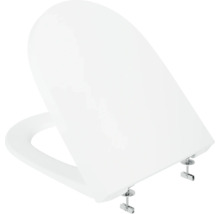 Weißer Toilettensitz mit Deckel und Befestigungsscharnieren aus Metall.