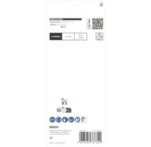 Rückseite der Bosch Expert Stichsägeblatt-Verpackung mit Carbide Technologie, 117 Millimeter Länge, 8 TPI, Sicherheits- und Recyclingsymbolen.