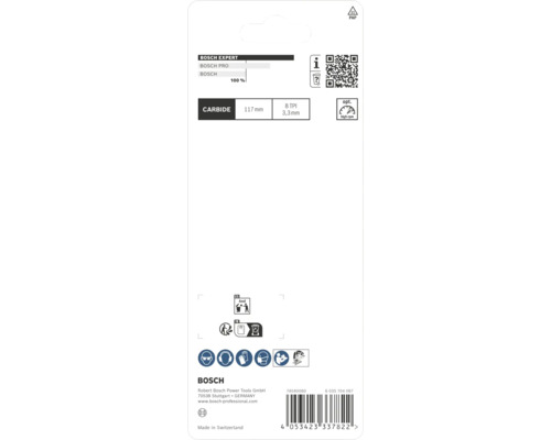 Rückseite der Bosch Expert Stichsägeblatt-Verpackung mit Carbide Technologie, 117 Millimeter Länge, 8 TPI, Sicherheits- und Recyclingsymbolen.