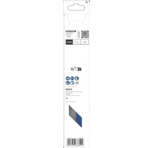 Rückseite der Bosch Expert Carbide Sägeblattverpackung mit technischen Daten, Sicherheitssymbolen für Schutzausrüstung und Bosch Logo.