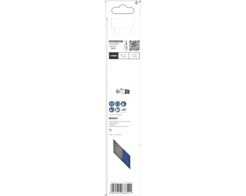 Rückseite der Bosch Expert Carbide Sägeblattverpackung mit technischen Daten, Sicherheitssymbolen für Schutzausrüstung und Bosch Logo.