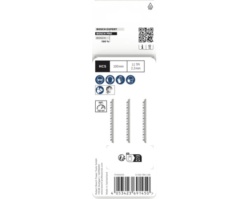 Rückseite der Verpackung für drei Bosch Stichsägeblätter HCS, Länge 100 Millimeter, 11 TPI, 2,3 Millimeter, mit technischen Daten.