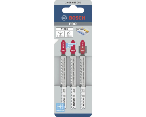 Bosch Professional Stichsägeblätter T102H für saubere Schnitte in PVC und PMMA, für Materialstärken von 3 bis 30 Millimeter, 3 Stück.