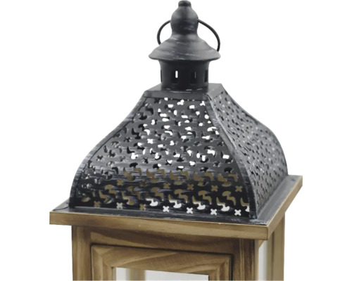 Oberer Teil einer Laterne aus braunem Holz und schwarzem Metall mit dekorativem Lochmuster und Tragegriff.