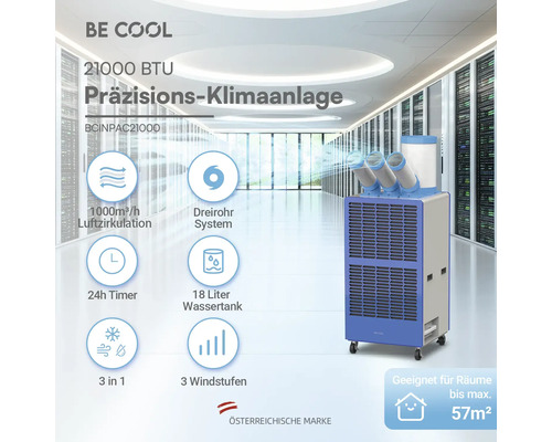BE COOL Präzisions-Klimaanlage im Serverraum mit 21000 BTU, Dreirohr-System, 18 Liter Wassertank und 3 Windstufen für Räume bis 57 Quadratmeter.