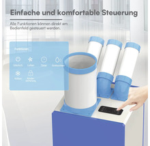 Mobiles Klimagerät mit Bedienfeld für Funktionen wie Kühlen, Entfeuchten, Lüften, Timer und Kindersicherung.
