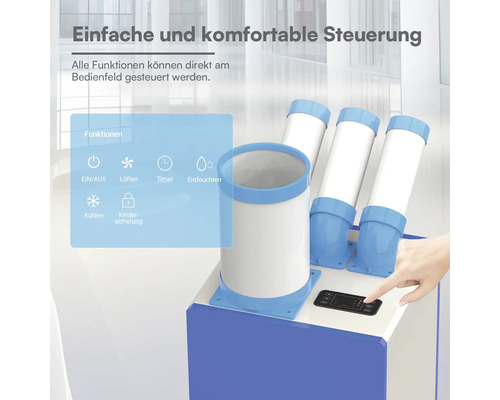 Mobiles Klimagerät mit Bedienfeld für Funktionen wie Kühlen, Entfeuchten, Lüften, Timer und Kindersicherung.