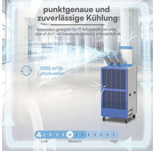 Mobiler Spotcooler mit drei Luftauslässen, 1000 Kubikmeter pro Stunde Luftumwälzung, regelbare Geschwindigkeit, ideal für Informationstechnik.