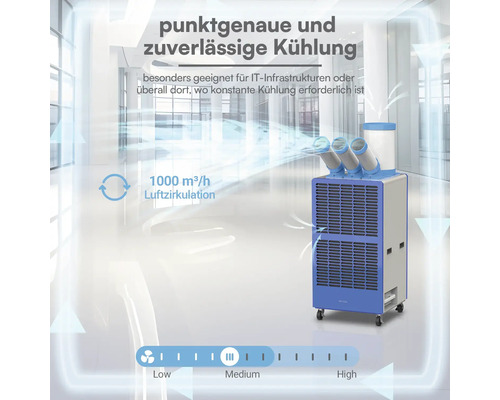 Mobiler Spotcooler mit drei Luftauslässen, 1000 Kubikmeter pro Stunde Luftumwälzung, regelbare Geschwindigkeit, ideal für Informationstechnik.