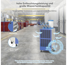 Mobiler Industrie Luftentfeuchter in Werkhalle mit achtzehn Liter Wassertank, eins Komma fünf Meter Abwasserschlauch und Belüftungsrohren.