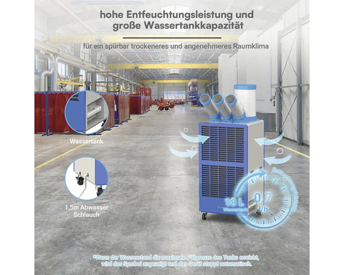 Mobiler Industrie Luftentfeuchter in Werkhalle mit achtzehn Liter Wassertank, eins Komma fünf Meter Abwasserschlauch und Belüftungsrohren.
