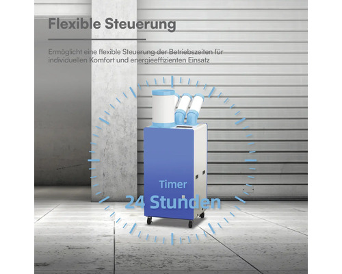 Mobiles Spot-Klimagerät mit 24-Stunden-Timer für flexible Steuerung der Betriebszeiten in industrieller Umgebung.