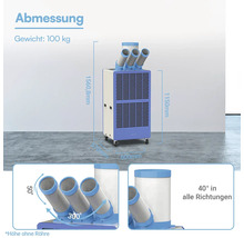 Mobiles Klimagerät mit drei Schläuchen, Höhe 1560,8 Millimeter, Breite 600 Millimeter, Tiefe 550 Millimeter und Gewicht 100 Kilogramm.