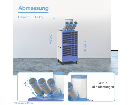 Mobiles Klimagerät mit drei Schläuchen, Höhe 1560,8 Millimeter, Breite 600 Millimeter, Tiefe 550 Millimeter und Gewicht 100 Kilogramm.