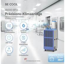 Österreichische Marke BE COOL Präzisions-Klimaanlage 15000 BTU, Zweirohr-System, 7 Liter Wassertank, für Räume bis 38 Quadratmeter.