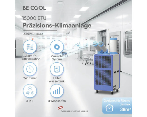 Österreichische Marke BE COOL Präzisions-Klimaanlage 15000 BTU, Zweirohr-System, 7 Liter Wassertank, für Räume bis 38 Quadratmeter.