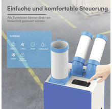 Mobiles Klimagerät mit Bedienfeld und drei Luftschläuchen. Funktionen: Ein und Aus, Lüften, Timer, Entfeuchten, Kühlen und Kindersicherung.